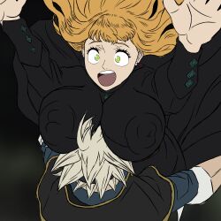 absurdres arms_up ass asta_(black_clover) between_breasts black_clover black_dress blonde_hair blue_shirt breasts covered_erect_nipples curvy dress face_between_breasts falling green_eyes grey_hair hands_up head_between_breasts highres huge_ass huge_breasts large_areolae large_breasts mimosa_vermillion muscular open_mouth popstepx shirt size_difference surprised thick_thighs thighs wavy_hair wide_hips