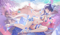 1girl absurdres bandaid bandaid_on_pussy blue_pupils braid breasts chinese_commentary closed_mouth comet-c commentary_request cross cross_pasties cup drinking_glass earrings feet fingernails hair_intakes hair_ornament hairband high_heel_sandals highres holding holding_cup honkai_(series) honkai_impact_3rd jewelry large_breasts light_blush looking_at_viewer lying nail_polish navel nude on_side pasties purple_eyes purple_hair purple_nails raiden_mei raiden_mei_(crooning_tides) raiden_mei_(herrscher_of_origin) sandals shore short_hair smile solo starfish stomach swim_ring thighs toenail_polish toenails toes white_hairband white_sandals