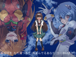 1boy 2girls a_cruel_angel&#039;s_thesis alternate_hairstyle ayanami_rei black_legwear blue_eyes blue_hair blue_skirt blush bodysuit bow brown_footwear brown_hair cellphone cloud commentary_request crossdressing embarrassed eyes_visible_through_hair fujitaka_nasu hair_between_eyes hairband holding holding_phone ikari_shinji ikari_shinji_raising_project interface_headset_(evangelion) long_hair mecha_pilot_suit multiple_girls neon_genesis_evangelion open_mouth orange_hair parody partial_commentary phone plugsuit_(evangelion) red_bodysuit red_bow red_eyes shirt shoes short_hair skirt skirt_tug sky smartphone smirk socks souryuu_asuka_langley standing suspender_skirt suspenders tearing_up translation_request trap trembling white_bodysuit white_hairband white_shirt