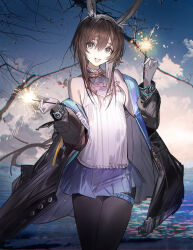 1girl :d amiya_(arknights) animal_ear_fluff animal_ears aqua_eyes arknights ascot bare_shoulders black_jacket black_pantyhose blue_skirt breasts brown_hair collar commentary cowboy_shot english_commentary fireworks hair_between_eyes holding holding_fireworks jacket jewelry long_sidelocks long_sleeves looking_at_viewer miniskirt off_shoulder open_clothes open_jacket open_mouth oversized_clothes pantyhose pleated_skirt plumw puffy_long_sleeves puffy_sleeves rabbit_ears rabbit_girl shirt sidelocks skirt sleeveless sleeveless_shirt sleeveless_sweater small_breasts smile solo sparkler straight-on sweater thighlet white_shirt white_sweater