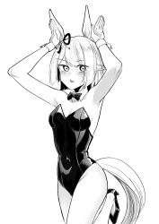 1girl absurdres animal_ears bare_legs blush bob_cut bow bowtie braid breasts commentary covered_navel cowboy_shot crown_braid detached_collar ear_ribbon fujimasa_march_(umamusume) greyscale high_heels highres kakuteru_sudachi leg_up leotard looking_at_viewer monochrome open_mouth playboy_bunny rabbit_pose short_hair small_breasts solo standing standing_on_one_leg strapless strapless_leotard umamusume umamusume:_cinderella_gray wing_collar wrist_cuffs