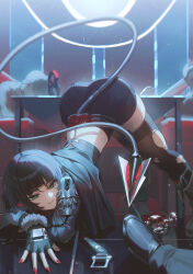 1girl 1other absurdres animal_ears black_boots black_gloves black_hair black_jacket black_pants black_shoes black_shorts black_thighhighs boots domi_(hongsung0819) fingerless_gloves gloves green_eyes hair_between_eyes highres jack-o&#039;_challenge jacket jane_doe_(zenless_zone_zero) looking_at_viewer mouse_ears mouse_girl mouse_tail night pants parted_lips red_nails shoes short_hair short_shorts shorts smile tail thighhighs top-down_bottom-up torn_clothes torn_thighhighs zenless_zone_zero