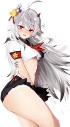 Rule 34 | 1girl, angry, azur lane, black sailor collar, black skirt, breasts, commission, cropped shirt, grey hair, hair ornament, hibiki (azur lane), highres, horns, midriff, navel, neckerchief, panties, pavi, pixiv commission, red eyes, red neckerchief, sailor collar, sakura empire (emblem), school uniform, serafuku, shirt, short sleeves, simple background, skirt, small breasts, solo, torn clothes, underwear, white background, white panties, white shirt