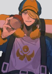 Rule 34 | 1boy, belt, belt buckle, black belt, blonde hair, blue eyes, buckle, commentary request, edamameko210, fur-trimmed collar, fur-trimmed sleeves, fur trim, ginkgo guild uniform, hair over one eye, hat, highres, hisuian poke ball, holding, holding poke ball, long sleeves, male focus, newsboy cap, nintendo, one eye covered, poke ball, pokemon, pokemon legends: arceus, smile, solo, teeth, upper body, volo (pokemon)