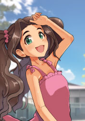 Rule 34 | 1girl, :d, arm up, blurry, blurry background, brown hair, day, dress, green eyes, hair ornament, hair scrunchie, highres, idolmaster, idolmaster cinderella girls, kusakabe wakaba, long hair, nonchan, open mouth, outdoors, pink dress, scrunchie, smile, solo, twintails, wavy hair