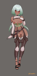 absurdres armbinder bare_shoulders breasts detached_collar emerald_sustrai gag gagged garter_straps gluteal_fold green_hair grey_background highres long_hair lumpychan medium_breasts nipples original pussy red_eyes rwby sandals standing thighhighs thighs very_long_hair