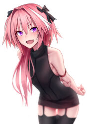 1boy arms_behind_back astolfo_(fate) dress fate/grand_order fate_(series) hair_intakes hair_ribbon high_collar ikemeru19 looking_at_viewer male_focus multicolored_hair pink_hair purple_eyes ribbon short_dress simple_background sleeveless smile suspenders tagme thighhighs trap two-tone_hair white_background