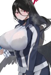 1girl black_hair black_wings blue_archive bottle halo hasumi_(blue_archive) hasumi_(track)_(blue_archive) highres jacket red_eyes sakuhane_saiga shirt shorts simple_background solo t-shirt water_bottle white_background wings