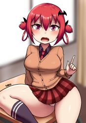 Rule 34 | 1girl, annoyed, arm support, artist name, black shirt, black socks, blurry, blurry background, breasts, brown sweater, cleft of venus, dako (dakosito), dot nose, embarrassed, eyebrows, eyelashes, fang, feet out of frame, female focus, gabriel dropout, hand up, highres, index finger raised, indoors, large breasts, long sleeves, looking at viewer, necktie, on table, open mouth, panties, pantyshot, pink eyes, red hair, red necktie, red skirt, satanichia kurumizawa mcdowell, school uniform, shirt, short hair, short twintails, sitting, skirt, socks, solo, sweater, table, twintails, underwear, white panties