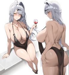 1girl absurdres areola_slip ass black_dress blush breasts cocktail_dress cup dress drinking_glass evening_gown grey_hair hair_ornament halterneck highres holding holding_cup large_breasts long_hair looking_at_viewer mole mole_on_breast multiple_views navel pelvic_curtain samart satin_dress sideboob white_background wine_glass yellow_eyes yin_yang_pin yixuan_(zenless_zone_zero) zenless_zone_zero