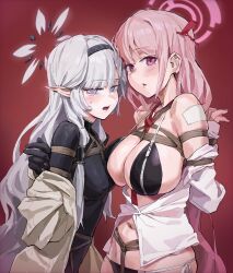 2girls a_tea bare_shoulders bdsm bikini black_bikini black_bodysuit blue_archive bodysuit bondage bound bound_arms breasts covered_erect_nipples crotch_rope eimi_(blue_archive) grey_hair halo headband highres himari_(blue_archive) large_breasts long_hair looking_at_viewer midriff_peek multiple_girls navel necktie open_mouth pink_eyes pointy_ears purple_eyes purple_hair red_necktie shibari shibari_over_clothes skindentation small_breasts standing swimsuit very_long_hair