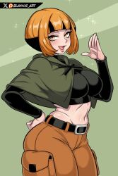 1girl absurdres artist_name belt black_belt black_hair black_shirt blannis breasts capelet cowboy_shot eyebrows eyelashes female_focus from_side gardenia_(pokemon) green_background green_capelet hand_on_own_hip hand_up highres large_breasts lips long_sleeves looking_at_viewer looking_to_the_side midriff multicolored_hair navel nintendo nose open_mouth orange_eyes orange_hair orange_shorts pokemon pokemon_dppt shirt short_hair shorts simple_background smile solo standing tongue two-tone_hair wide_hips