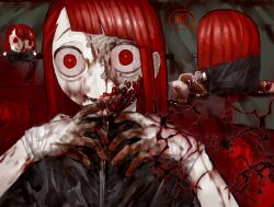 black_shirt blood blood_on_face blood_on_hands chibi chibi_inset colored_skin exposed_muscle flesh green_pupils grin guro highres original red_eyes red_hair sharp_teeth shirt short_hair smile teeth upper_body very_short_hair white_skin wuwuren