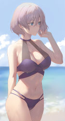 Rule 34 | 1girl, bare arms, bare shoulders, bikini, blue eyes, blue sky, breasts, cleavage, closed mouth, cowboy shot, day, expressionless, grey hair, gridman universe, hair between eyes, halterneck, hand up, highres, looking away, medium breasts, mujina, multi-strapped bikini bottom, navel, ocean, outdoors, purple bikini, seon (seonon ), short hair, sky, solo, ssss.dynazenon, string bikini, sunlight, swimsuit, thighs, wet