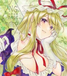 1girl alto2019 blonde_hair breasts choker cleavage dress frills gloves hair_between_eyes hair_ribbon hat head_rest highres large_breasts long_hair looking_at_viewer mob_cap purple_dress purple_eyes ribbon ribbon_choker short_sleeves smile solo touhou traditional_media upper_body watermark white_gloves yakumo_yukari yellow_background