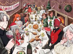 1other 6+boys 6+girls alcohol apron bad_perspective bird black_shirt candle candy candy_cane chair champagne champagne_bottle charon_(project_moon) chicken christmas_tree christmas_wreath clock collared_shirt dante_(limbus_company) dinner don_quixote_(project_moon) everyone faust_(project_moon) fireplace food fork gregor_(project_moon) grey_hair heathcliff_(project_moon) highres hong_lu_(project_moon) indoors ishmael_(project_moon) klack_rodyalove limbus_company long_hair meursault_(project_moon) multiple_boys multiple_girls object_head orange_hair outis_(project_moon) plate project_moon red_vest rodion_(project_moon) ryoshu_(project_moon) shirt short_hair sinclair_(project_moon) spoon stew sweat vergilius_(project_moon) very_long_hair vest white_apron white_hair wreath yi_sang_(project_moon)