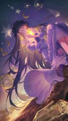 1girl brown_hair closed_eyes closed_mouth commentary crossed_bangs detached_sleeves dress earrings english_commentary feet_out_of_frame highres holding ichikawa_haru icosahedron jewelry light_smile long_dress long_hair long_sleeves night night_sky off-shoulder_dress off_shoulder original pleated_dress sky solo star_(symbol) tearing_up very_long_hair water white_dress white_sleeves