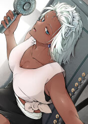 1girl absurdres black_skirt blue_eyes breasts chiwa_kotarou cleavage collarbone dark_skin earrings electric_fan hand_fan highres indoors jewelry long_hair maid_headdress open_mouth original shirt sitting skirt sweat tan tied_shirt white_hair