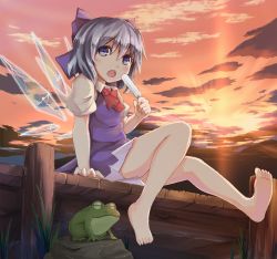 1girl bad_feet bad_id bad_pixiv_id bare_legs bare_shoulders barefoot blue_eyes blue_hair bow cirno crost dock eating feet female_focus food frog hair_bow ice ice_wings matching_hair/eyes open_mouth outdoors popsicle short_hair sitting solo sunset touhou wings