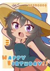 Rule 34 | !, !!, 1girl, 2025, :3, bare shoulders, birthday, black hair, bracelet, chibi, collarbone, dated, do it yourself!!, dress, english text, female focus, happy birthday, hat, jewelry, kouki kokoro, lain aqua, long hair, looking at viewer, open mouth, purple eyes, twitter username