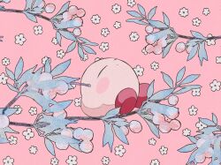 berry blush_stickers branch closed_eyes closed_mouth dot_mouth flower highres kirby kirby_(series) leaf lying nintendo on_back pink_background pink_flower pink_theme plant red_shoes shoes sleeping solo south_rice