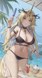 a-chuang absurdres alternate_costume bare_shoulders beach bikini black_bikini blonde_hair blue_eyes blue_hair blue_sky blush breasts collarbone colored_inner_hair commentary cowboy_shot crown_of_thorns cup day drinking_glass drinking_straw earrings fleurdelys_(wuthering_waves) food highres holding holding_food holding_popsicle horns jewelry large_breasts looking_at_viewer multicolored_hair navel necklace outdoors parted_lips pointy_ears popsicle single_horn sky smile stomach swimsuit tacet_mark_(wuthering_waves) wuthering_waves yellow_horns