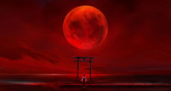 00 1girl beach black_hair cloud commentary female_focus full_moon hakama hakama_skirt highres horizon japanese_clothes long_hair looking_afar miko moon ocean original ponytail red_moon red_theme revision scenery skirt sky solo torii