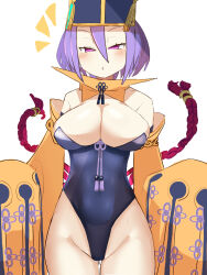 1girl adapted_costume bare_shoulders black_hat black_leotard blush breasts cleavage detached_collar detached_sleeves fate/grand_order fate_(series) hair_between_eyes hat highleg highleg_leotard highres large_breasts leotard looking_at_viewer open_mouth purple_eyes purple_hair rope short_hair solo tassel thighs user_fkzw8222 wide_sleeves wu_zetian_(fate) wu_zetian_(swimsuit_caster)_(fate) wu_zetian_(swimsuit_caster)_(second_ascension)_(fate)