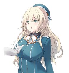 1boy 1girl admiral_(kancolle) atago_(kancolle) beret blonde_hair blush breasts commentary_request gloves grabbing_another&#039;s_breast green_eyes groping hat hetero highres kantai_collection large_breasts long_hair military military_uniform naval_uniform open_mouth out_of_frame sakana_(flame_sakana) simple_background upper_body white_background white_gloves