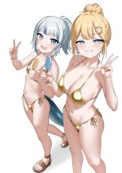 2girls absurdres bikini blue_eyes blue_hair breasts commentary earrings english_commentary flat_chest food food_on_face gawr_gura gold_bikini golden_week golden_week_bikini grin hair_bun hair_ornament highres holding holding_food holding_popsicle hololive hololive_english jewelry large_breasts mole mole_on_breast multicolored_hair multiple_girls navel popsicle raikkonen sandals shark_girl side-tie_bikini_bottom simple_background smile standing stomach streaked_hair swimsuit v virtual_youtuber watson_amelia white_background white_hair