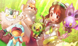 1girl boots brown_eyes brown_footwear brown_hair cardigan chewtle collared_dress commentary_request dress gen_1_pokemon gen_6_pokemon gen_8_pokemon gloria_(pokemon) green322 green_headwear green_legwear grey_cardigan grookey growlithe hat highres hood hooded_cardigan lens_flare light_beam nintendo noibat open_mouth outdoors perrserker pink_dress plaid_clothes plaid_legwear plaid_socks pokemon pokemon_(creature) pokemon_swsh sitting socks tam_o&#039;_shanter teeth tongue yamper