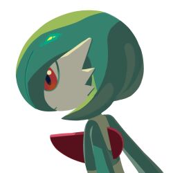 Rule 34 | = (9 yawbus), bob cut, colored skin, expressionless, from side, gardevoir, gen 3 pokemon, green hair, green skin, highres, multicolored skin, nintendo, pokemon, pokemon (creature), pokemon focus, profile, red eyes, short hair, simple background, solo, two-tone skin, white background, white skin