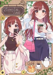 1girl bag belt black_pants black_shirt blush bracelet breasts brown_eyes brown_hair cup hakkaumai highres holding holding_cup holding_phone idolmaster idolmaster_cinderella_girls igarashi_kyoko jewelry long_hair long_sleeves looking_at_viewer medium_breasts necklace pants phone pink_bag selfie shirt short_hair sleeveless smile solo white_shirt