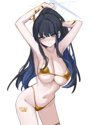 1girl areola_slip arm_up armpits bikini black_hair blue_archive blue_eyes blush breasts cleavage closed_mouth colored_inner_hair embarrassed gold_bikini gold_ribbon groin halo highleg highleg_bikini highres large_breasts long_hair micro_bikini multicolored_hair navel oninaart ponytail ribbon saori_(blue_archive) signature simple_background solo string_bikini sweatdrop swimsuit white_background