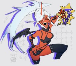 1girl arayadaxxx black_thighhighs breasts collar demon_girl demon_horns demon_wings flipped_bangs glasses green_eyes highres horns kneesocks_(psg) long_hair looking_at_viewer medium_breasts miniskirt panty_&amp;_stocking_with_garterbelt ponytail skirt solo spiked_collar spikes thighhighs wings