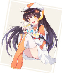 1girl animification black_hair blush boots brown_eyes chibi dress hair_ornament highres holding holding_toy humanization long_hair looking_at_viewer sailor_collar sitting solo star_(symbol) star_hair_ornament taro_(ultrataro) thigh_boots thighhighs tokusatsu toy ultra_series ultraman_geed ultraman_geed_(series) ultraman_r/b ultraman_taiga ultraman_taiga_(series) ultraman_zero ultrawoman_grigio very_long_hair white_dress