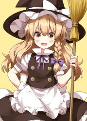 1girl :d apron black_hat black_skirt black_vest blonde_hair blush bow braid broom commentary cowboy_shot frilled_apron frills hair_bow hand_on_own_hip hat hat_bow highres holding holding_broom kirisame_marisa long_hair looking_at_viewer neck_ribbon open_mouth purple_bow purple_ribbon ribbon ruu_(tksymkw) shirt short_sleeves simple_background single_braid skirt skirt_set smile solo touhou turtleneck turtleneck_shirt vest waist_apron white_apron white_bow white_shirt witch_hat yellow_background yellow_eyes