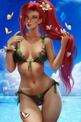 batman_(series) beach bikini blue_sky bug butterfly cloud cloudy_sky dc_comics floral_print flower green_eyes hair_flower hair_ornament insect long_hair olchas outdoors poison_ivy red_hair sky swimsuit water white_flower