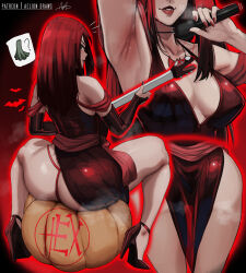 Rule 34 | 1girl, absurdres, aelion draws, armpits, aroused, ass, bare hips, bare shoulders, bat necklace, black hair, border, breasts, commentary, dress, electric guitar, english commentary, goth fashion, guitar, high heels, highres, holding, holding instrument, instrument, large breasts, long hair, looking at viewer, looking back, medium breasts, multicolored hair, multiple views, nail polish, panties, patreon username, pumpkin, red dress, red hair, red nails, red panties, scooby-doo, scooby-doo and the witch&#039;s ghost, see-through clothes, see-through dress, sitting, spread legs, streaked hair, sweat, thighs, thong, thorn (scooby-doo), underwear, vampire, wariza