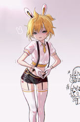 1boy 2girls ahoge animal_ear_hairband animal_ears azulasi black_shorts blonde_hair blue_eyes blush collared_shirt commentary_request crop_top cropped_shirt crossdressing fake_animal_ears feet_out_of_frame garter_straps gloom_(expression) gradient_background hairband heart heart_hands high_ponytail highres hip_tattoo kagamine_len kagamine_rin looking_at_viewer male_focus megurine_luka midriff mixed-language_commentary multiple_girls navel necktie number_tattoo open_mouth partial_commentary ponytail rabbit_ear_hairband rabbit_ears shaded_face shirt short_necktie short_ponytail short_shorts short_sleeves shorts solo_focus standing suspenders sweatdrop takoluka tattoo thighhighs trap vocaloid white_background white_shirt white_thighhighs yellow_necktie