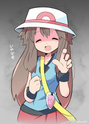 Rule 34 | 1girl, :d, ^ ^, bag, blue shirt, brown hair, closed eyes, facing viewer, grey background, hat, highres, leaf (pokemon), long hair, nintendo, open mouth, pokemon, pokemon frlg, rascal (feuille), shirt, skirt, smile, solo, wristband