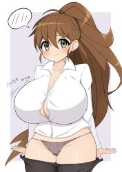1girl alternate_breast_size blush breasts brown_hair buttons cameltoe highres huge_breasts jaga334 long_hair panties ponytail shortstack simple_background smile solo standing taneshima_popura underwear very_long_hair white_background working!! yellow_eyes