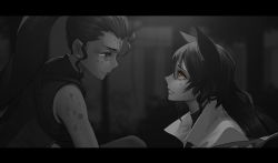 2girls animal_ears blake_belladonna cat_ears dishwasher1910 greyscale highres ilia_amitola monochrome multiple_girls red_eyes rwby spots tearing_up yellow_eyes