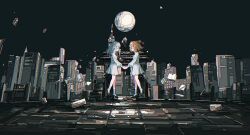 Rule 34 | 2girls, aged down, arch, black footwear, building, city, closed eyes, commentary, dress, floating, grey hair, highres, holding hands, ligne claire, long hair, medium hair, midair, moon, multiple girls, orange hair, outdoors, profile, reverse:1999, rubble, short twintails, socks, sonetto (reverse:1999), twintails, vertin (reverse:1999), white dress, white socks, zhizhizi