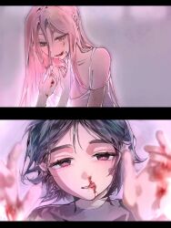 2girls alien_stage black_dress black_hair blood blood_on_face chinese_commentary commentary_request dress highres implied_after_kiss licking_blood long_hair mizi_(alien_stage) multiple_girls nosebleed pink_hair purple_eyes short_hair sleeveless sleeveless_dress sua_(alien_stage) tongue white_dress yellow_eyes yezi0331 yuri