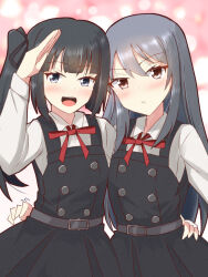 Rule 34 | 2girls, alternate hairstyle, asashio (kancolle), asashio kai ni (kancolle), belt, black belt, black dress, black hair, black ribbon, blue eyes, brown eyes, dress, grey hair, hair ribbon, hairstyle switch, highres, kantai collection, kasumi (kancolle), kasumi kai ni (kancolle), long hair, long sleeves, looking at viewer, multiple girls, neck ribbon, pinafore dress, red ribbon, ribbon, sawatani (chevalier 04056), school uniform, shirt, side ponytail, sleeveless, sleeveless dress, white shirt