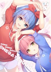 2girls blue_bow blue_eyes blue_hair bow commentary_request cuphead cuphead_(game) hair_bow hairband hood hoodie long_hair mugman multiple_girls nijihashi_sora omega_ray omega_rio omega_sisters open_mouth pink_hair poop romaji_text short_hair smile twintails virtual_youtuber yellow_eyes