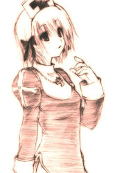 1girl bad_source bow breasts brown_theme closed_mouth commentary_request cross cross_necklace dress expressionless hair_bow hat jewelry juliet_sleeves long_sleeves looking_afar lowres monochrome necklace nurse_cap oohira_sunset priest_(ragnarok_online) puffy_sleeves ragnarok_online short_hair simple_background sketch small_breasts solo upper_body