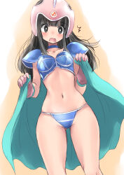 Rule 34 | 1girl, armor, bikini, bikini armor, black eyes, black hair, blue bikini, blue cape, cape, chi-chi (dragon ball), dragon ball, garnet.planet, gloves, gluteal fold, helmet, highres, long hair, navel, open mouth, pink gloves, pink helmet, solo, swimsuit