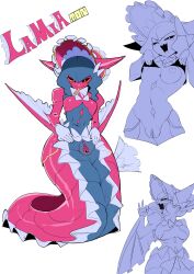 absurdres black_sclera blue_hair breasts breasts_out colored_sclera digimon digimon_(creature) hat highres horns lamia lamiamon long_hair monster_girl open_mouth papyruth pussy ribbon tongue tongue_out yellow_eyes